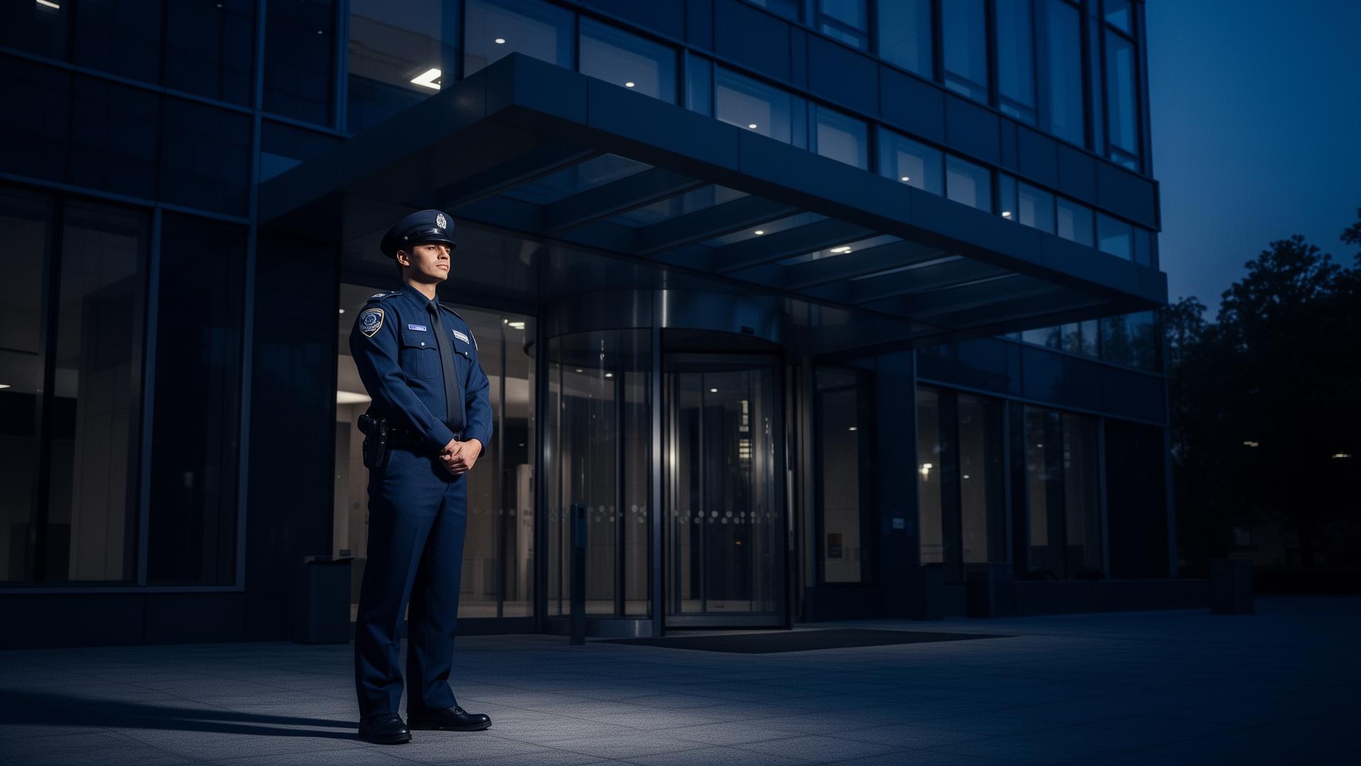 Security guard on duty at a corporate building entrance